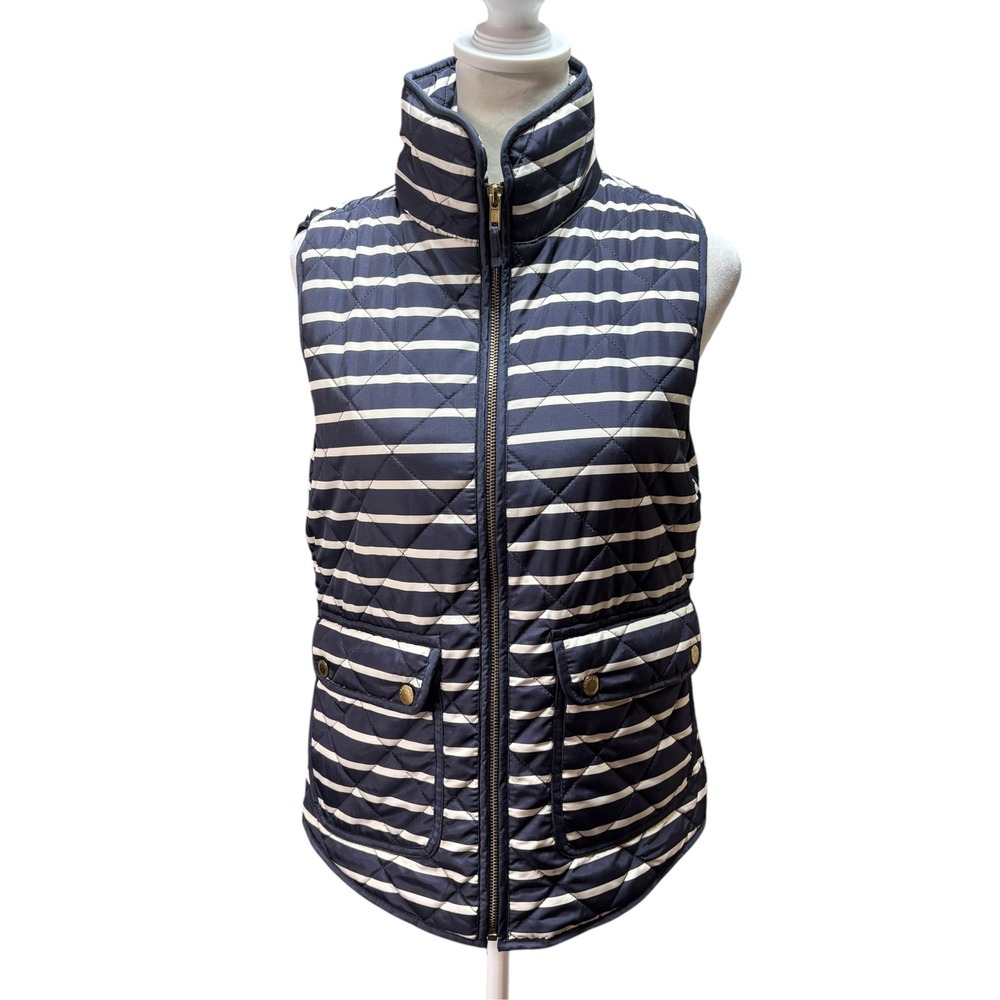 Cambridge Dry Goods Navy White Striped Quilted Puffer Vest Small Gold Hardware